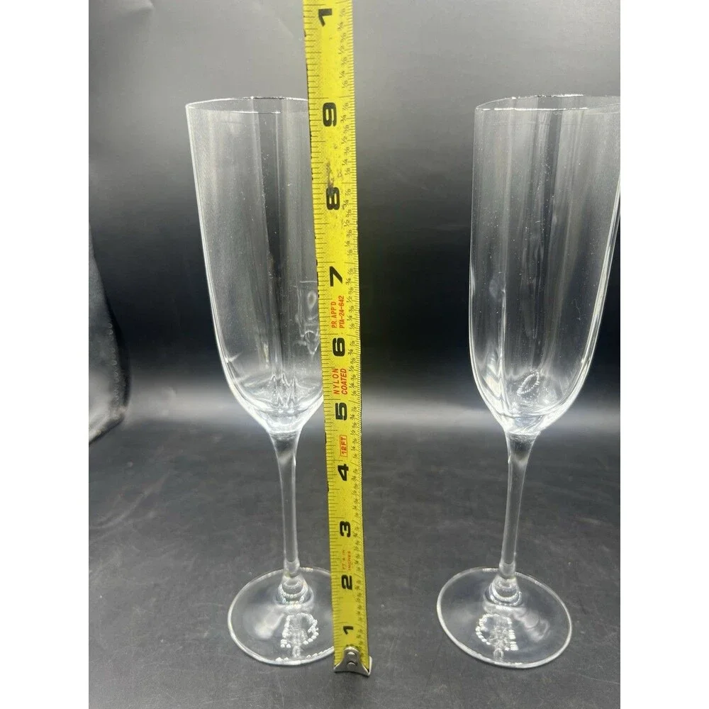 Set of 2 Crystal Champagne Flutes Faceted Bowl Clear Toasting Glasses 9 1/8”